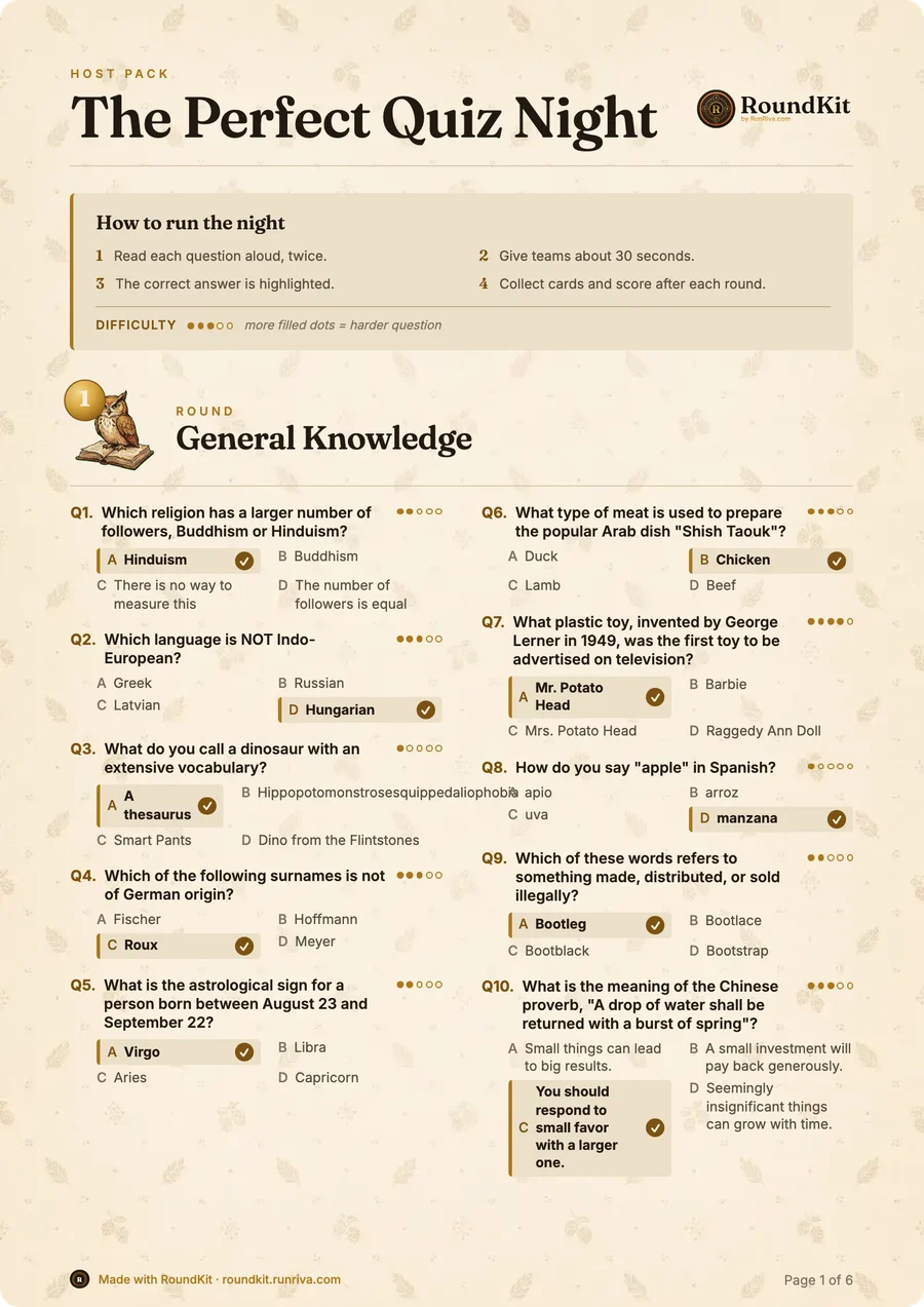 RoundKit host sheet with answers and timings